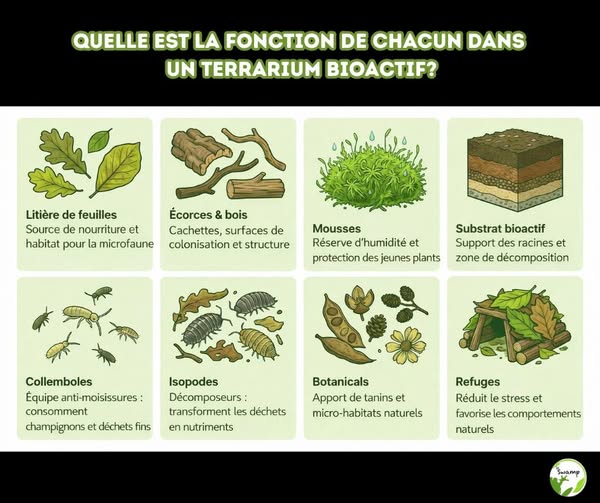 Quelle est la fonction de chacun dans un terrarium bioactif ?